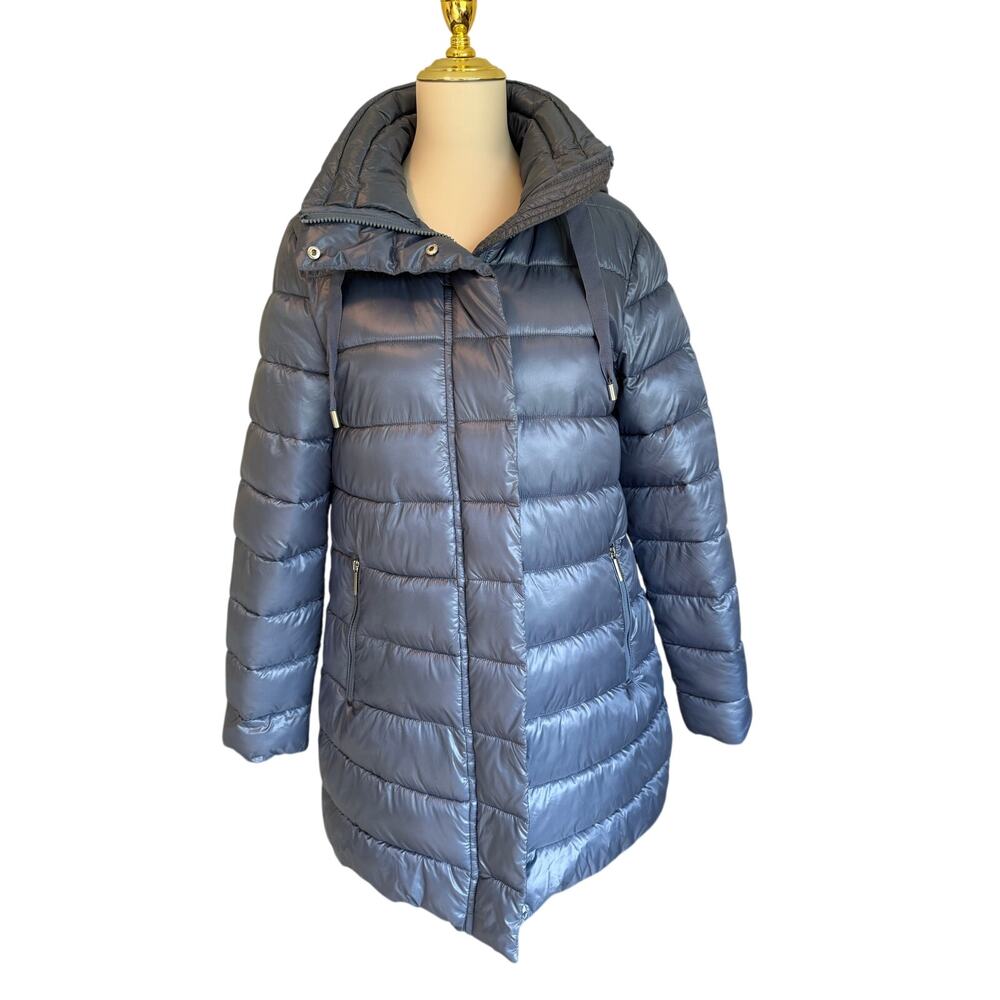 Nine West Women's Blue Gray Longline Puffer Coat Hooded Packable Size M